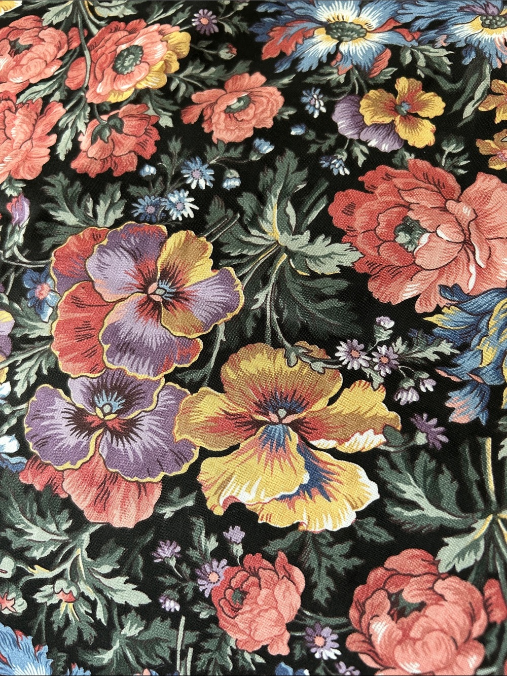 NWOT Floral Pansy Print cotton fabric with a black background